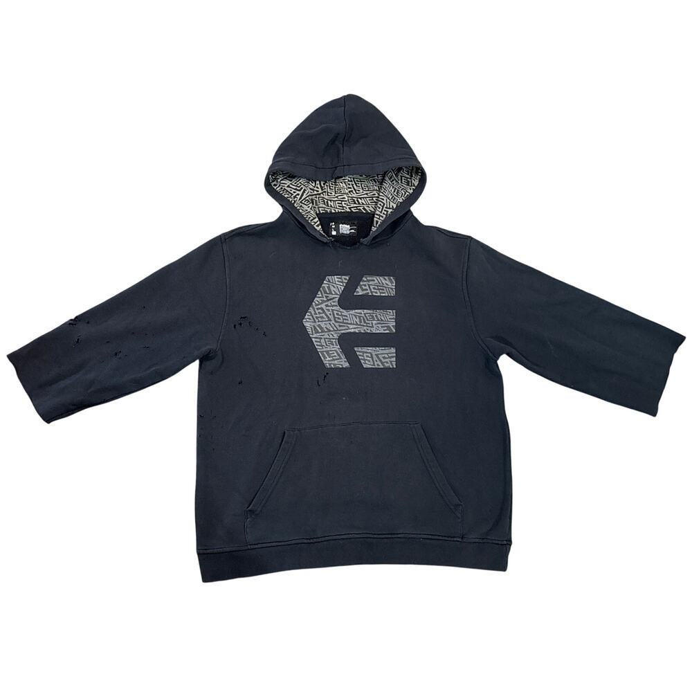 Vtg y2K Etnies thrashed chopped sleeve black grey Logo graphic hoodie XL 22x26